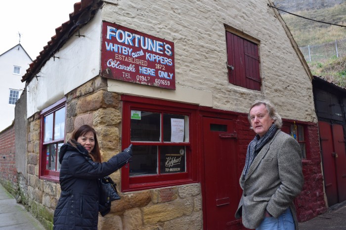 Joan and Stuart showing me the little shop that sells smoked kippers that is still in business after more than a century