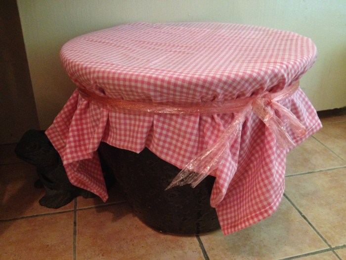 mum brought along a piece of gingam fabric and I got a piece of raffia string from my storeroom