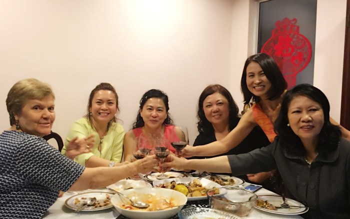 girl power... May (second right) invited us over for a home-cooked dinner for all to catch up with Sally (third right) who was back from NZ for a break as well as with one another